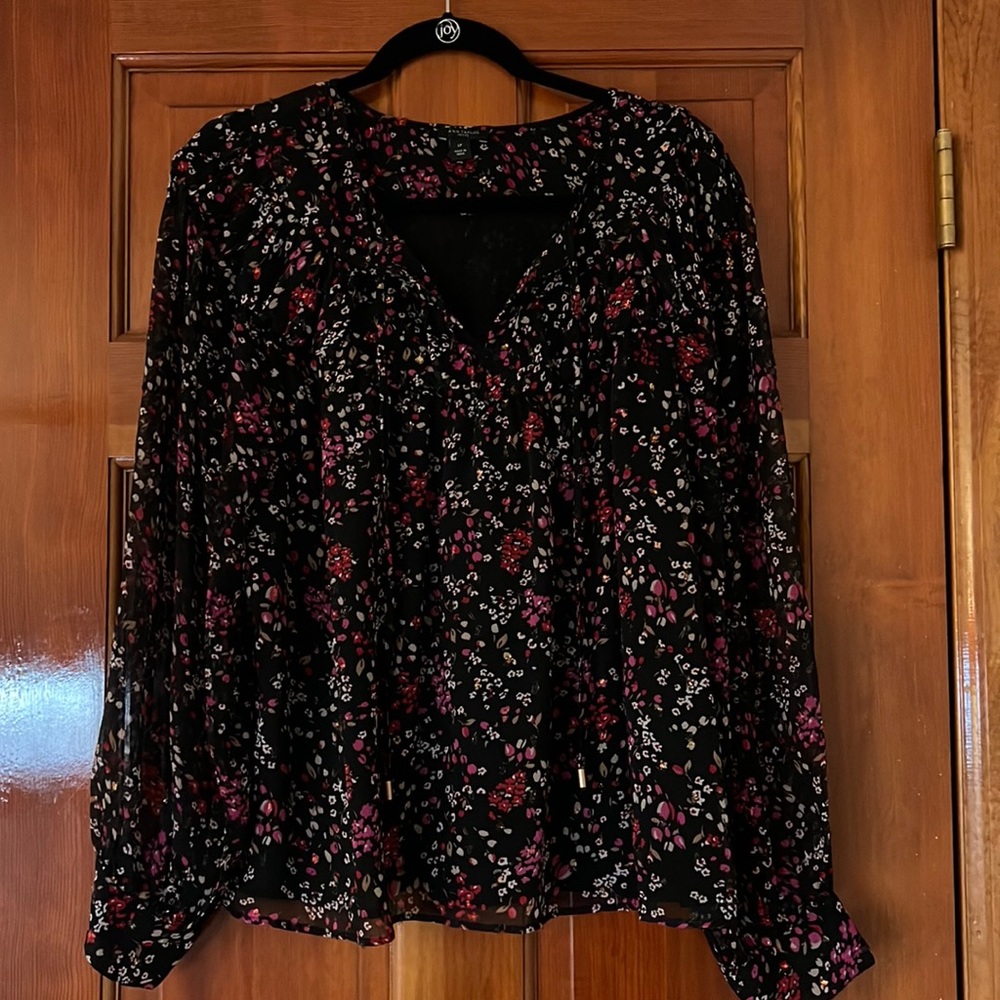 Ann Taylor LP Black Shirred Tie Blouse